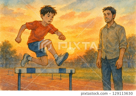 一位父親看著兒子跨欄 一位父親看著兒子跨欄 129113630