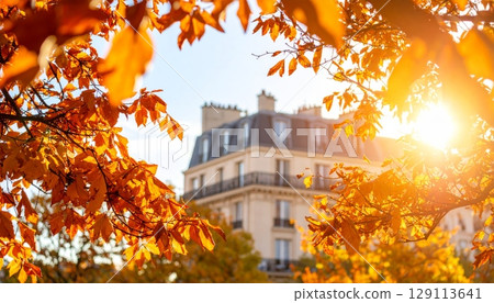 An autumn sky over an old European city with a fiery church and cathedral against a backdrop of orange trees and buildings An autumn sky over an old European city with a fiery church and cathedral against a backdrop of orange trees and buildings 129113641