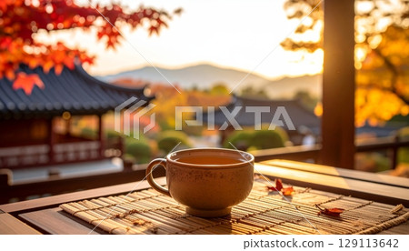 White cups of hot coffee and tea on a wooden table capture the cozy aroma of a morning autumn in korea White cups of hot coffee and tea on a wooden table capture the cozy aroma of a morning autumn in korea 129113642