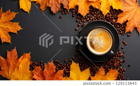 Coffee mug on a black table with autumn concept Coffee mug on a black table with autumn concept 129113643