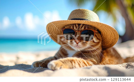 Adorable tabby kitten in a cute summer hat, relaxing on a sunny beach, gazing at the beautiful blue ocean Adorable tabby kitten in a cute summer hat, relaxing on a sunny beach, gazing at the beautiful blue ocean 129113644