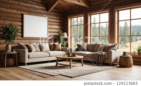 Rustic living room interior with a fireplace, comfortable sofa, and elegant wooden furniture 129113663