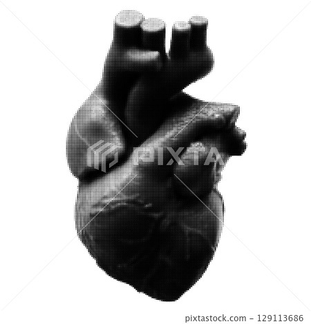 Human heart halftone collage element. Grunge cut out shape with dotted texture. Trendy Y2K style. 129113686