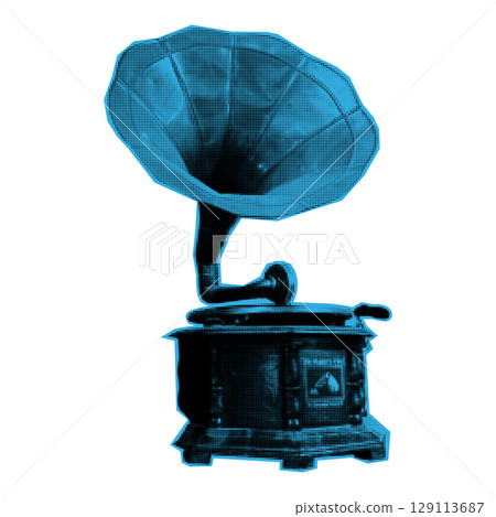 Gramophone halftone collage element. Grunge cut out shape with dotted texture. Trendy punk design element. 129113687