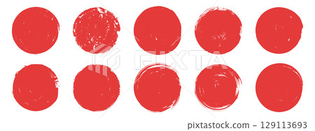 Red brush sun rough circle. Hand drawn grunge Japanese sun stamp on white background. Red brush sun rough circle. Hand drawn grunge Japanese sun stamp on white background. 129113693