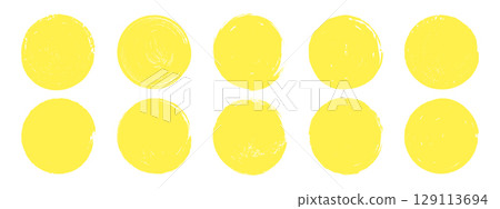 Yellow brush sun circles set. Grunge round stamp collection. Hand drawn crayon abstract elements. Yellow brush sun circles set. Grunge round stamp collection. Hand drawn crayon abstract elements. 129113694