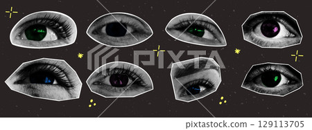 Trendy halftone collage eyes with doodle elements. Y2K style. Modern vector illustration. Trendy halftone collage eyes with doodle elements. Y2K style. Modern vector illustration. 129113705