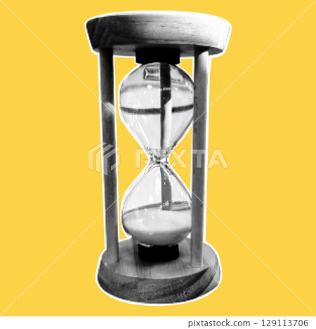 Halftone vintage hourglass collage. Vintage dotted texture. Trendy 90s collage style design element. Halftone vintage hourglass collage. Vintage dotted texture. Trendy 90s collage style design element. 129113706