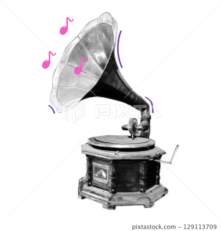 Gramophone halftone collage element. Grunge cut out shape with dotted texture. Trendy Y2K style. 129113709