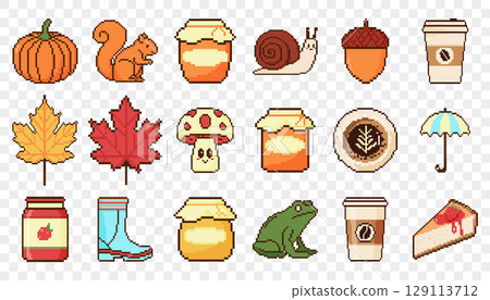 Autumn icon set. Pixel art objects in 8 bit style. Pumpkin, squirrel, jam, mushroom, umbrella Autumn icon set. Pixel art objects in 8 bit style. Pumpkin, squirrel, jam, mushroom, umbrella 129113712