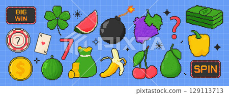 8 bit gambling icon set. Pixel art object. Retro 80s,90s video game graphics. Clover, coins, playing card, fruits, bomb. 129113713