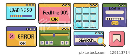 8 bit UI and UX elements set. Pixel art objects. Retro 80s,90s video game graphics. 129113714