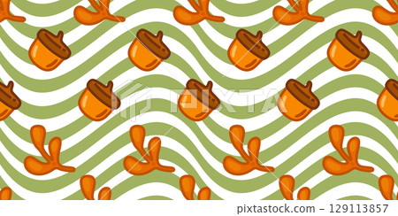 Seamless Autumn Acorn Leaf Pattern 129113857