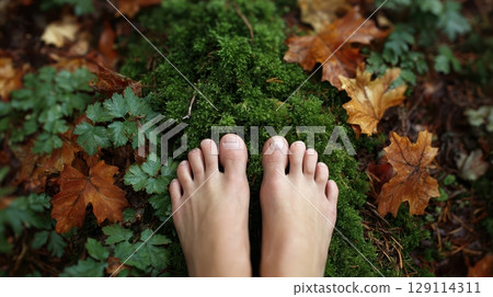Digital detox barefoot walking on a forest floor surrounded by fall foliage 129114311