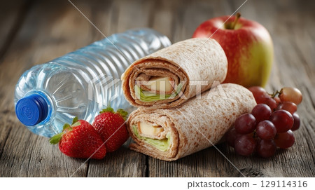 Healthy school lunch with whole grain wrap and fresh fruit 129114316