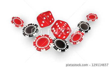 Falling aces and casino chips on white background. Playing cards, red and black money chips. Gambling Poker and card games. Falling aces and casino chips on white background. Playing cards, red and black money chips. Gambling Poker and card games. 129114657