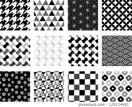 無縫日本圖案設置單色(Seigaiha、Asanoha、Checkered、Shippo 等) 無縫日本圖案設置單色(Seigaiha、Asanoha、Checkered、Shippo 等) 129114681