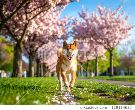 一隻柴犬在櫻花盛開的公園裡奔跑 129114683