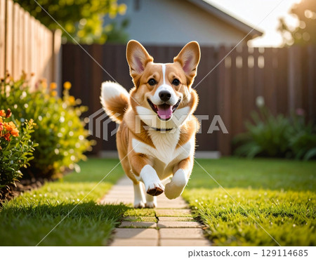 柯基犬在花園裡奔跑 129114685