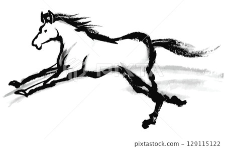 Ink painting of a horse galloping at full speed, material for New Year's cards in the Year of the Horse 129115122