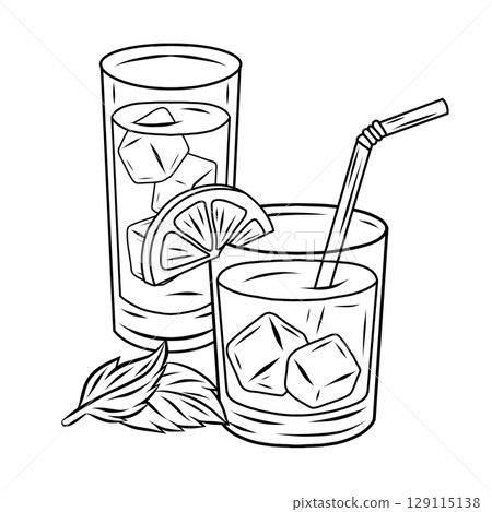 Outline drawing of glasses with alcohol, juice, mint and lemon. Outline illustration of cups and wineglass with drinks Outline drawing of glasses with alcohol, juice, mint and lemon. Outline illustration of cups and wineglass with drinks 129115138