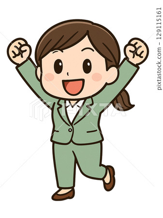 A businesswoman in a pantsuit smiling and raising both arms in a fist pump 129115161