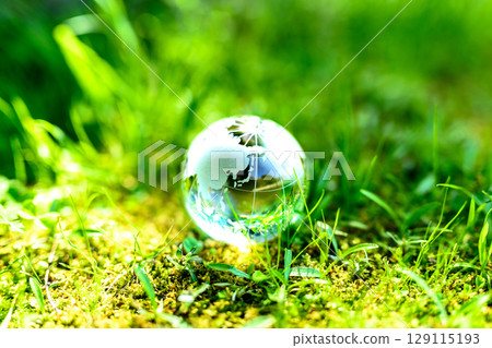 A beautiful crystal globe in bright grass. Ecological image. Center position. Normal daylight color. 129115193