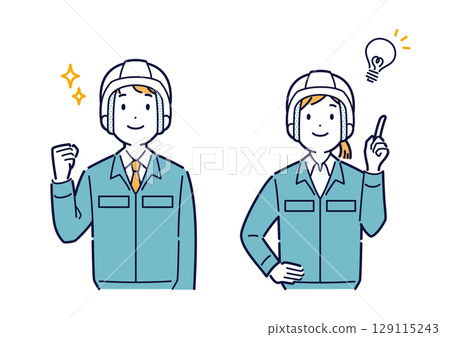 Illustration of a man and woman in work clothes looking up and smiling 129115243