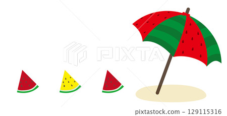 西瓜圖案的沙灘傘和西瓜片 129115316