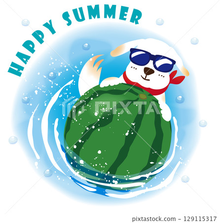 A dog wearing sunglasses floating with a watermelon 129115317