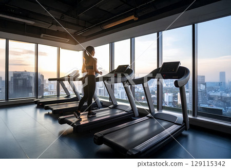 Woman running in urban gym 129115342