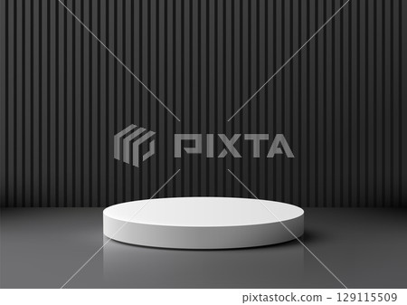 minimal product podium mockup with white cylindrical platform on reflective gray floor and dark striped wall background modern clean showroom design for display or branding use minimal product podium mockup with white cylindrical platform on reflective gray floor and dark striped wall background modern clean showroom design for display or branding use 129115509