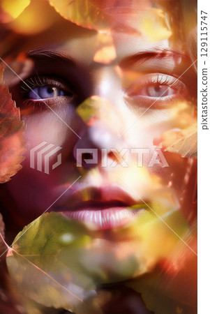年輕女子的臉和枯葉 129115747