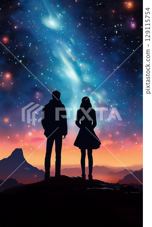 一名男子和一名女子凝視銀河系的輪廓 129115754