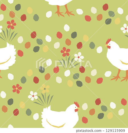Vector seamless Easter pattern with chicken and eggs 129115909