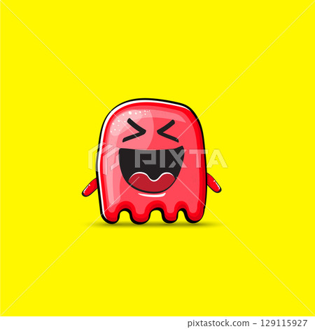 Funny cute smiling red ghost monster isolated on yellow background. Hand drawn cartoon red ghost character with eyes and mouth , cute emoji. Funky Halloween spirit element. Funny cute smiling red ghost monster isolated on yellow background. Hand drawn cartoon red ghost character with eyes and mouth , cute emoji. Funky Halloween spirit element. 129115927
