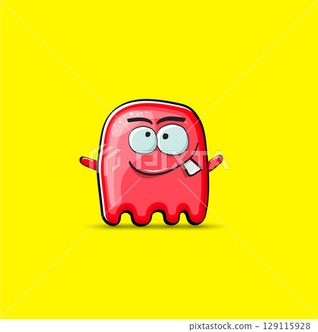 Funny cute smiling red ghost monster isolated on yellow background. Hand drawn cartoon red ghost character with eyes and mouth , cute emoji. Funky Halloween spirit element. Funny cute smiling red ghost monster isolated on yellow background. Hand drawn cartoon red ghost character with eyes and mouth , cute emoji. Funky Halloween spirit element. 129115928