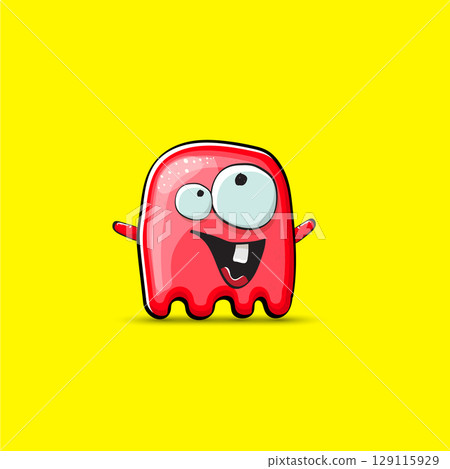Funny cute smiling red ghost monster isolated on yellow background. Hand drawn cartoon red ghost character with eyes and mouth , cute emoji. Funky Halloween spirit element. Funny cute smiling red ghost monster isolated on yellow background. Hand drawn cartoon red ghost character with eyes and mouth , cute emoji. Funky Halloween spirit element. 129115929