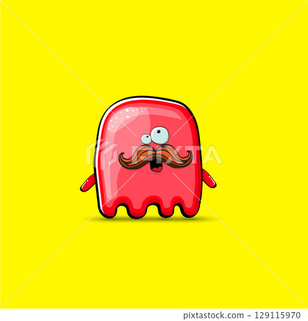 Funny cute smiling red ghost monster isolated on yellow background. Hand drawn cartoon red ghost character with eyes and mouth , cute emoji. Funky Halloween spirit element. Funny cute smiling red ghost monster isolated on yellow background. Hand drawn cartoon red ghost character with eyes and mouth , cute emoji. Funky Halloween spirit element. 129115970