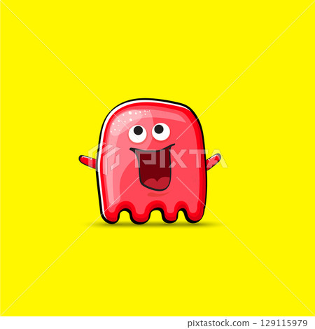 Funny cute smiling red ghost monster isolated on yellow background. Hand drawn cartoon red ghost character with eyes and mouth , cute emoji. Funky Halloween spirit element. Funny cute smiling red ghost monster isolated on yellow background. Hand drawn cartoon red ghost character with eyes and mouth , cute emoji. Funky Halloween spirit element. 129115979