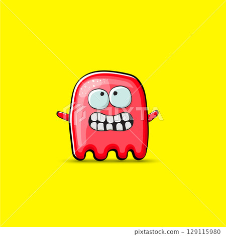 Funny cute smiling red ghost monster isolated on yellow background. Hand drawn cartoon red ghost character with eyes and mouth , cute emoji. Funky Halloween spirit element. Funny cute smiling red ghost monster isolated on yellow background. Hand drawn cartoon red ghost character with eyes and mouth , cute emoji. Funky Halloween spirit element. 129115980