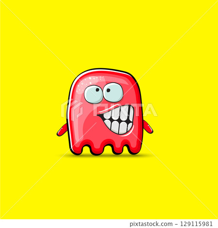 Funny cute smiling red ghost monster isolated on yellow background. Hand drawn cartoon red ghost character with eyes and mouth , cute emoji. Funky Halloween spirit element. 129115981