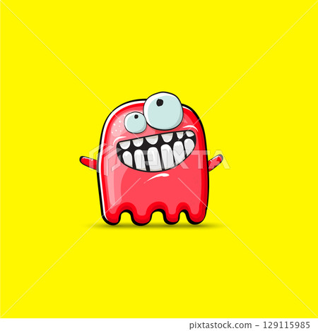 Funny cute smiling red ghost monster isolated on yellow background. Hand drawn cartoon red ghost character with eyes and mouth , cute emoji. Funky Halloween spirit element. Funny cute smiling red ghost monster isolated on yellow background. Hand drawn cartoon red ghost character with eyes and mouth , cute emoji. Funky Halloween spirit element. 129115985