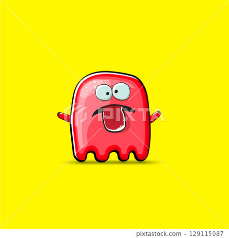 Funny cute smiling red ghost monster isolated on yellow background. Hand drawn cartoon red ghost character with eyes and mouth , cute emoji. Funky Halloween spirit element. 129115987