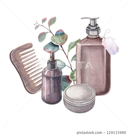 Comb, oil bottle, tin, soap dispenser with label, and eucalyptus sprig. Hand-drawn hair care items isolated on white background. Perfect for cosmetics label, packaging, branding and product designs Comb, oil bottle, tin, soap dispenser with label, and eucalyptus sprig. Hand-drawn hair care items isolated on white background. Perfect for cosmetics label, packaging, branding and product designs 129115989