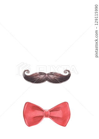 Handlebar moustache, and bow tie. Hand-painted watercolor vertical composition, clipart isolated on white background. Perfect for hipster branding, barbershop decor, men fashion, gentleman designs 129115990
