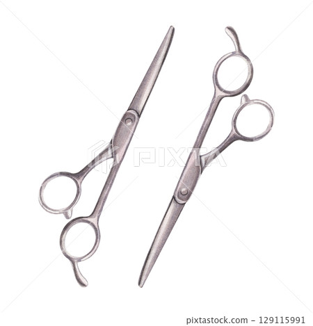 Metal scissors symmetrical composition. Hand-painted watercolor shears, barbershop tool, sewing and handicraft instrument on a white background for label, branding, design, printing on cards Metal scissors symmetrical composition. Hand-painted watercolor shears, barbershop tool, sewing and handicraft instrument on a white background for label, branding, design, printing on cards 129115991