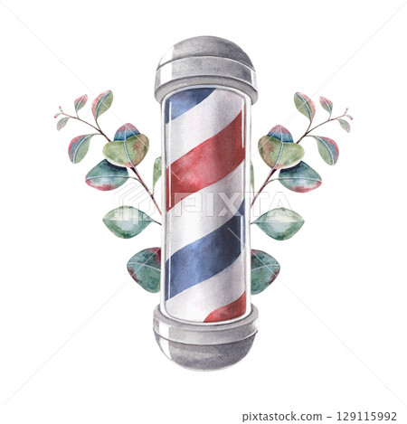 Barber pole with eucalyptus branches. Watercolor illustration of traditional barbershop element. Hand-drawn symbol isolated on white background for retro branding, label, decor, cards, vintage designs 129115992