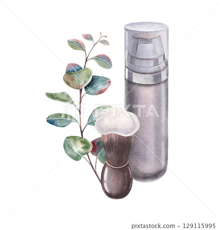 Brush with foam, shaving cream vial, eucalyptus branch. Hand-painted watercolor illustration of shaving foam isolated on white for barbershop, grooming products, cosmetics branding, designs Brush with foam, shaving cream vial, eucalyptus branch. Hand-painted watercolor illustration of shaving foam isolated on white for barbershop, grooming products, cosmetics branding, designs 129115995