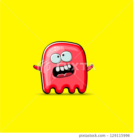 Funny cute smiling red ghost monster isolated on yellow background. Hand drawn cartoon red ghost character with eyes and mouth , cute emoji. Funky Halloween spirit element. Funny cute smiling red ghost monster isolated on yellow background. Hand drawn cartoon red ghost character with eyes and mouth , cute emoji. Funky Halloween spirit element. 129115996